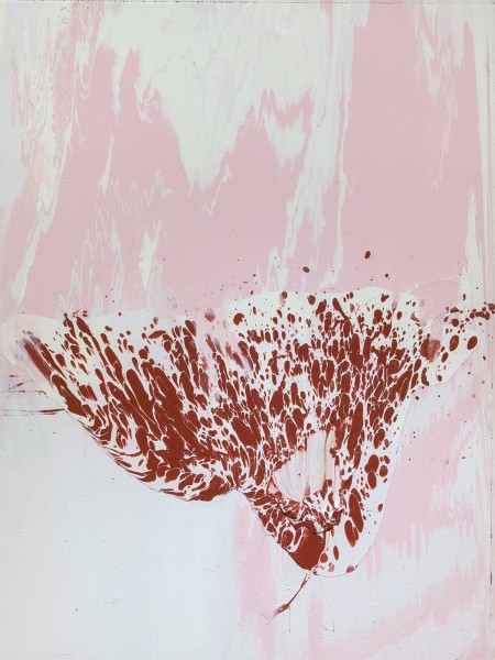 Abstract painting of curbed pink shapes on white background and dark red droplets on the bottom part of the painting