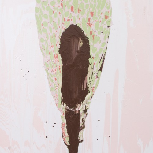 Painting of a brown shape with a more oversized green form on top on a pink background