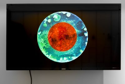 Petri dish shown on a TV screen, there is a red circle in the center of the petri dish surrounded by blue and small blurry black text is written across like an expiration date
