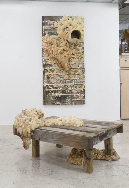 Installation view of sculptures made of organic material like foam, bubbly of yellow color, installed on a low wooden table in the room, and a large rectangular installed on the wall with the same organic yellow material and a tube on the top right corner