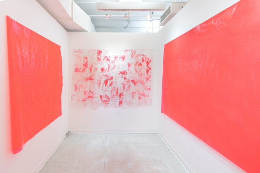 Installation view of artwork by Jonathan Perkins. Abstract paintings with a red hue.