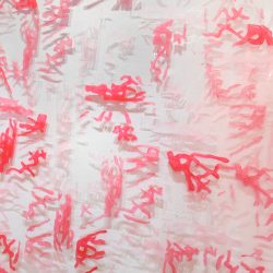Detail image of a painting by Jonathan Perkins. Abstract red hued brush strokes on a transparent material.