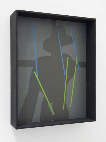 Acrylic and oil painting of a black silhouette with three blue stripes and three green stripes. Painting is framed in a black wood-made frame. 