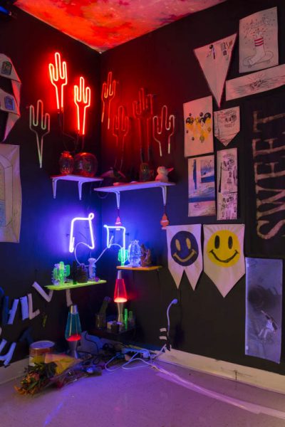 Installation view of a dark room with red and blue neon lights in different shapes, installed on the left wall, and on the right wall, there are small flags with emoji and team titles. In the room can be found miscellaneous objects on the floor and shelves