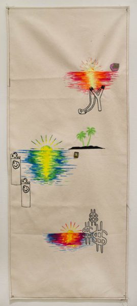 An embodiment with three sunrise scenes, one made with red-orange and yellow and a sling near it on the top, one made with blue-green and yellow and two palm trees in the middle, and two briquettes And the last one is made with a dark blue, red, and a little yellow and dollar signs near it