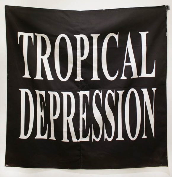 A piece of black fabric installed on the wall with the word on it: Tropical Depression
