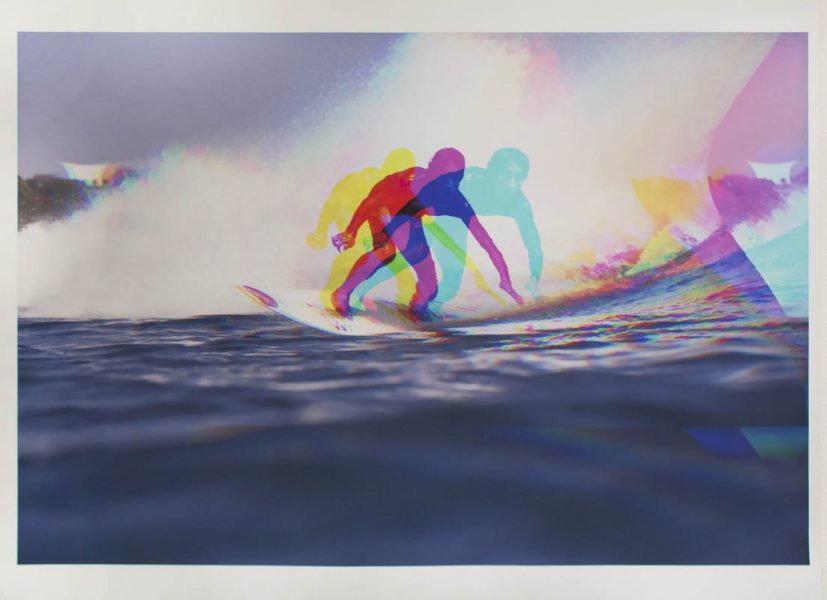 A print with a surfer on the water, but the surfer is illustrated in three offset colors, at a distance, in cyan, violet, and yellow