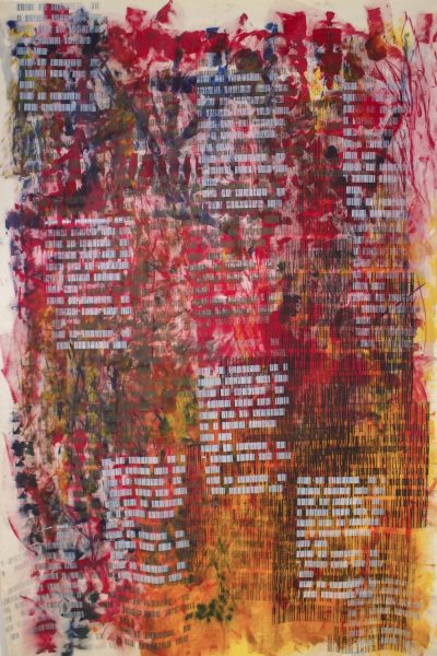 Painting of abstract red, yellow, and black heavy brushstrokes with silkscreened text over the top. 