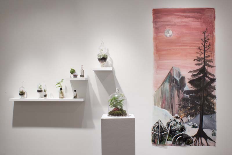 Installation view of small terrariums on shelves and large scale painting of a pine tree, a mountain and boxes and a red sky