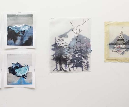 Exhibition view of six paintings representing mountain landscape made with cool colors like blue, grey, etc