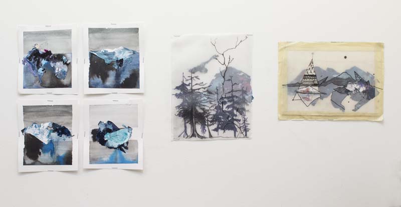 Exhibition view of six paintings representing mountain landscape made with cool colors like blue, grey, etc