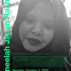A poster advertisement for a virtual lecture on Zoom with Kameelah Janan Rasheed. The post features a headshot of Rasheed with text in bright green. The text gives the event information and a short bio of Rasheed.