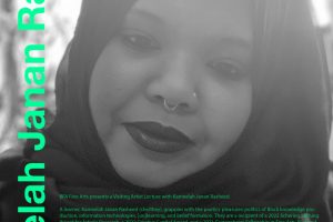 A poster advertisement for a virtual lecture on Zoom with Kameelah Janan Rasheed. The post features a headshot of Rasheed with text in bright green. The text gives the event information and a short bio of Rasheed.