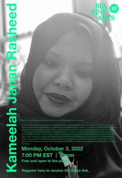 A poster advertisement for a virtual lecture on Zoom with Kameelah Janan Rasheed. The post features a headshot of Rasheed with text in bright green. The text gives the event information and a short bio of Rasheed.