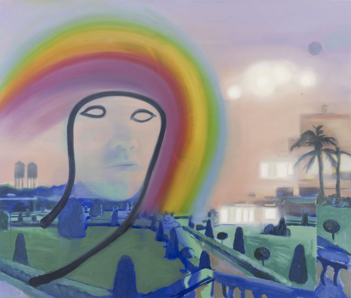 Painting of a black silouhette with rainbow hard in front of a green city landscape with a purple sky.
