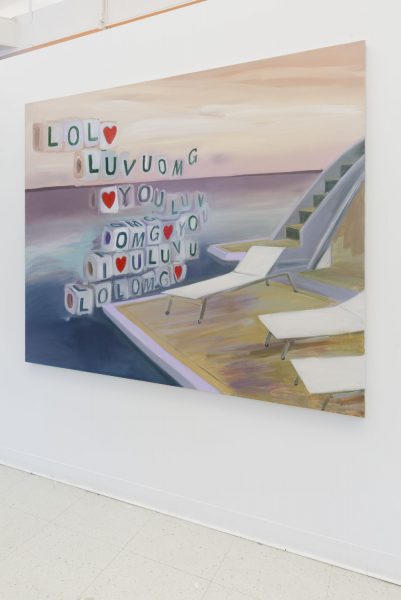 Painting hung on a wall of the back of a yacht in the ocean with a purple horizon line and blocks floating in the air that say LOL LUV U OMG with blocks with red hearts.