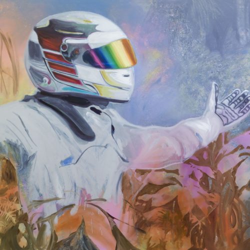 Painting of a man wearing a white motorcycle helmet with his arms outstretched in the rainbow jungle.