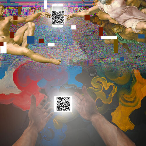 A digital collage featuring elements of Michelangelo's Sistine Chapel, digital noise, QR codes, colorful rectangles and swirling colors of gouache paint.