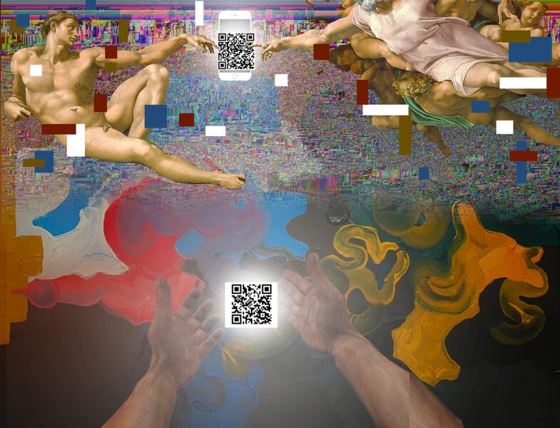 A digital collage featuring elements of Michelangelo's Sistine Chapel, digital noise, QR codes, colorful rectangles and swirling colors of gouache paint.