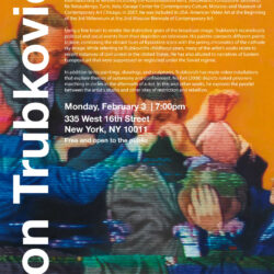 A poster advertisement for a visiting artist lecture with Kon Trubkovich. The poster shows a detail of a painting with the event text and artist bio written across in white text.