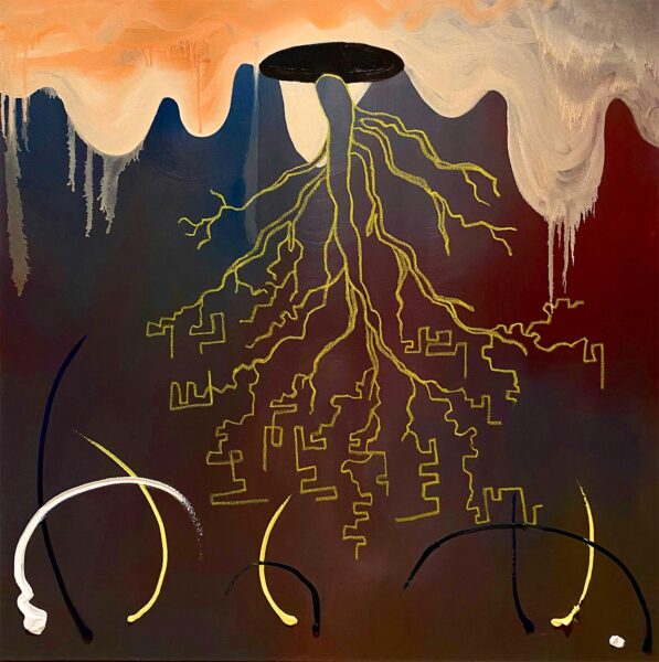 Painting of an upside down tree coming through a hole in the sky in front of the mountains.