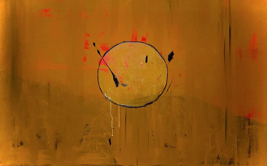 Painting of a black circle against ochre background with an implied arrow.