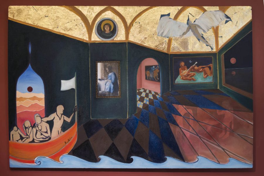 A painting represents a large room with a brown floor with black diamond shapes and green walls. On the left side of the painting, the wall is painted a red boat on the water with four people, on the next wall is a portrait painting in a frame with a woman, and on the last wall is a large painting with two people on the floor