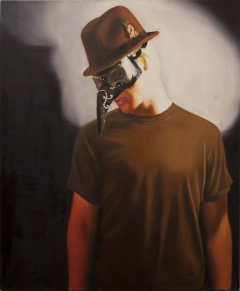 A painting about a man dressed in brown with a hat and a mask, looking to the bottom left corner.
