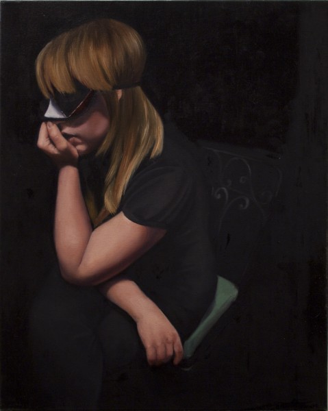 A painting by Lindsay Abken. The painting depicts the profile view of a seated woman in a dark room. The figure has her left arm resting with her hand pressed up against her mouth. The eyes are covered by some kind of blindfold. The background is a solid black.