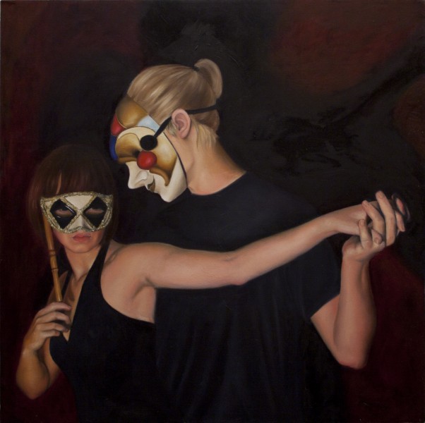 Painting about two dancing persons with carnival masks, the man looks at the woman and the woman looking away, holding hands with crossed fingers.