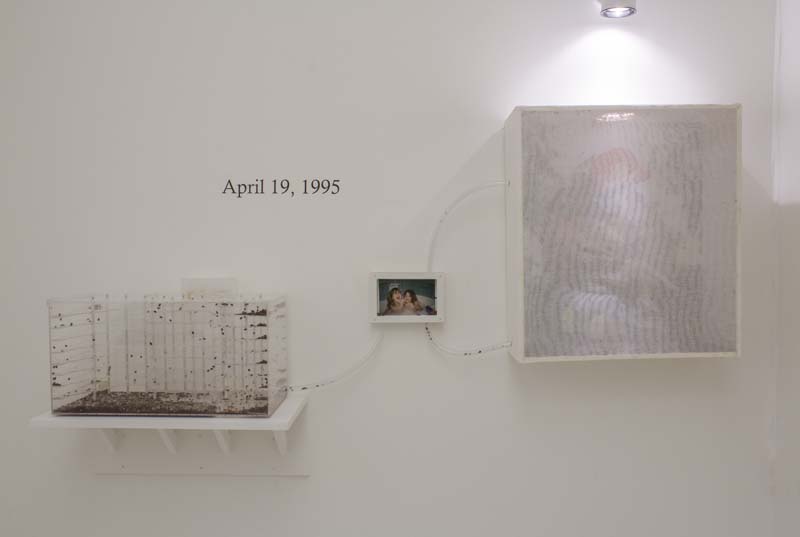 Installation view of a vivarium made of one aquarium with compartments and small stones in it, a big white wooden box with a see-through door, and a small photograph in a white frame and the date of April 19, 1995, on the wall
