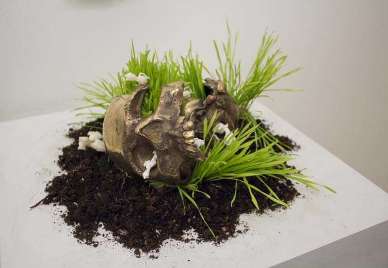 A human skull with green organic material looking like the grass is put on a pile of dirt on a white stand.