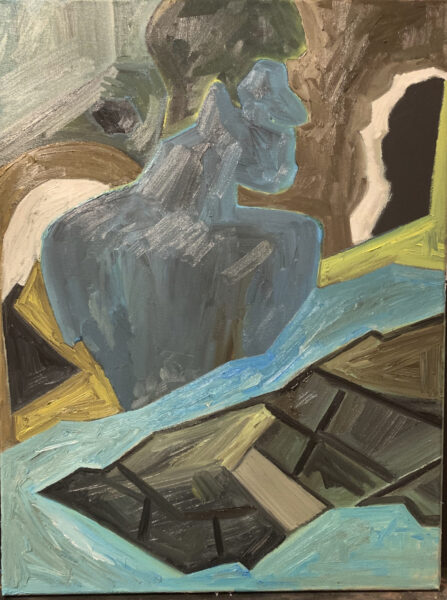 An abstract painting in muted shades of blue, brown, and green. There is a human form in the center and elements of a landscape (a river, rocks, possibly a tunnel).