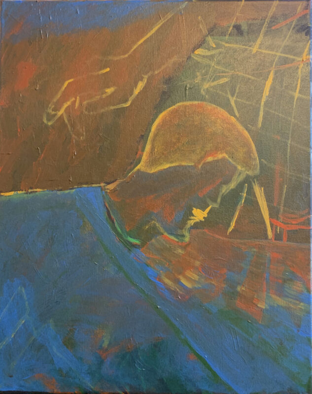 A human head painted in orange is in the center of the image. An arm extends down from the top right, as if to tap the figure on the shoulder.