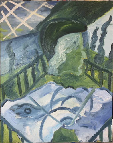 There is a human head with a pompadour in the upper center of the image, facing right. Various abstract shapes in white, green, and blue.