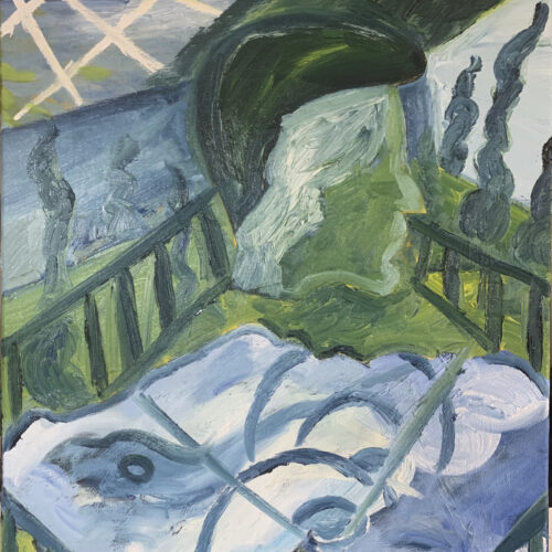 There is a human head with a pompadour in the upper center of the image, facing right. Various abstract shapes in white, green, and blue.