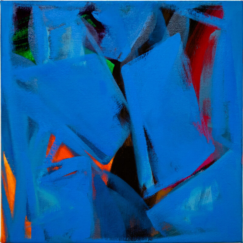 An abstract painting featuring large areas of flat blue over flashes of bright reds, oranges, greens, and black.