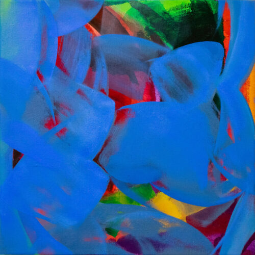 An abstract painting featuring large areas of flat blue over flashes of bright reds, oranges, greens, and black.