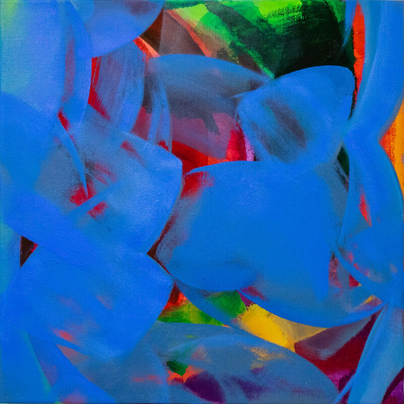 An abstract painting featuring large areas of flat blue over flashes of bright reds, oranges, greens, and black.
