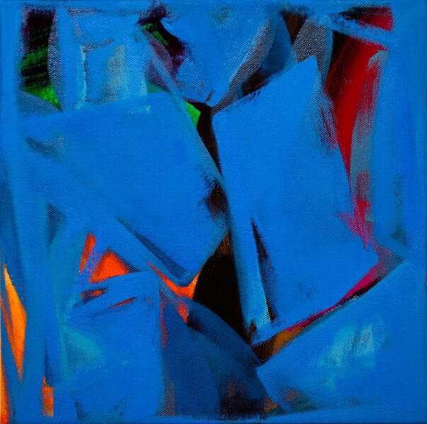 A painting of orange, green, brown, and red abstract shapes exist between or behind blue surfaces.