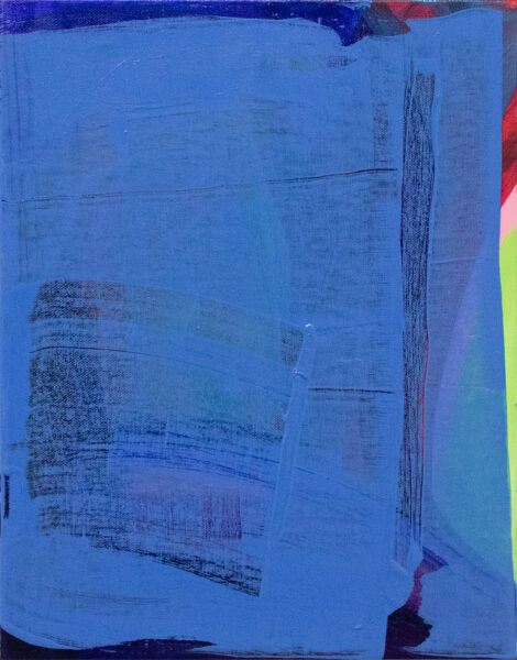 A blue surface is covering the layer of abstract shapes colored with blue, red, pink, and yellow-green. Colors still can be seen through the edge and transparent part of the blue surface.