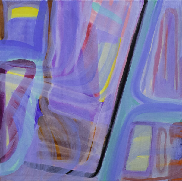 Colorful lines are shown behind transparent blue lines, and some lines are shown between the blue lines. Balck thin line crosses the middle of the painting.