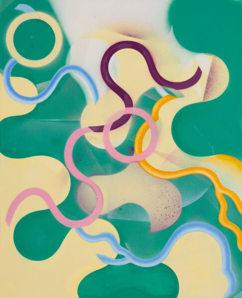 An abstract painting depicting colorful swirls of pink, violet, orange and blue shades against a light yellow and turquoise background.