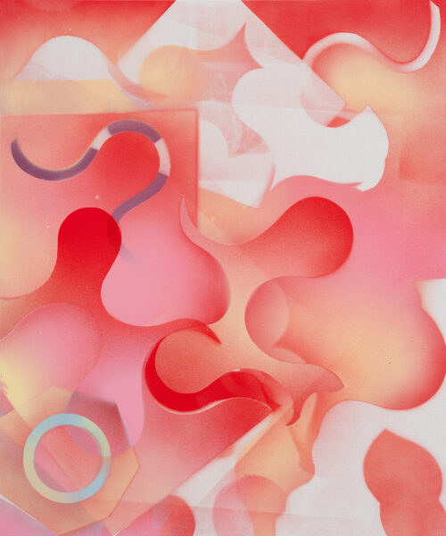 An abstract painting depicting colorful shapes of different shades of pink and red. In the lower left corner is a circular shape of light blue and yellow.