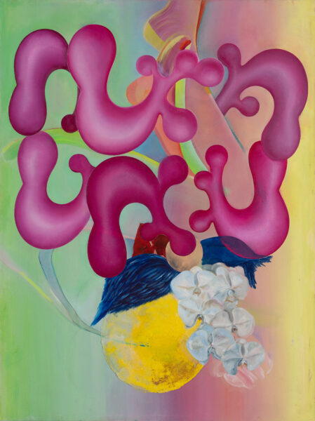 Abstract magenta forms seem to float over a variegated pastel-hued background.