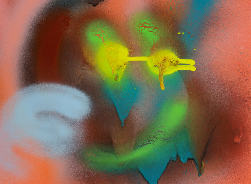 An abstract painting showing different shapes and forms that look similar to spray paint. The colors are a mixture of yellow, green, blue, and orange shades.