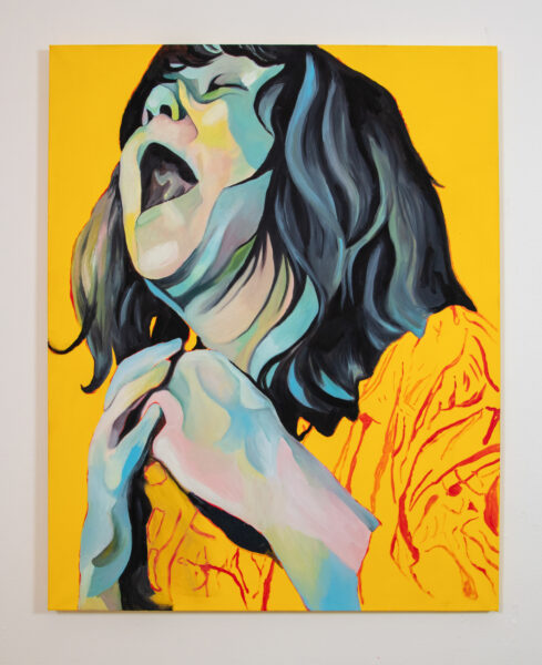 A young woman is painted screaming. Her head is tilted up and toward the viewer’s left. Her eyes are closed and her mouth is open wide. Her hair is long with bangs. Her hands are clasped at her chest. The background is a flat yellow.