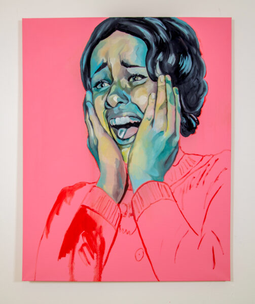 A young woman is painted screaming, with her hands pressed against either side of her face. Her eyes and mouth are open and she is facing toward the viewer’s left. Her face is painted in mostly cool tones with some yellow and pink. She has short hair. The background is a flat bubblegum pink.