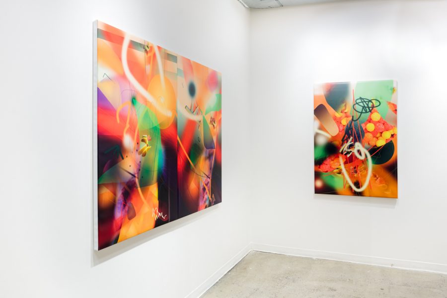 Installation view of artwork by Li Zeng. Colorful paintings or irregular shape, with geometric forms and digital textures.