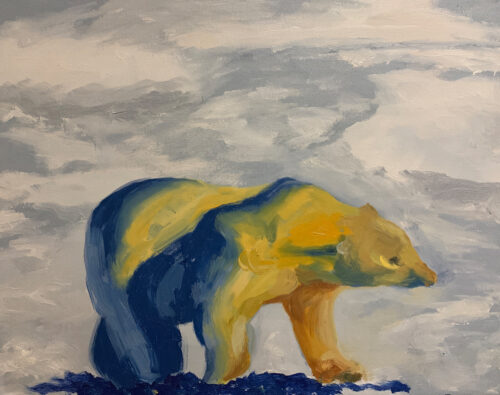 Oil painting of a solitary polar bear in front of thick clouds.